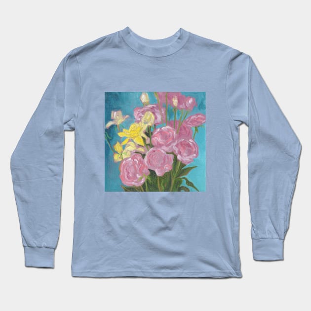 Pink Roses Long Sleeve T-Shirt by HelenDBVickers